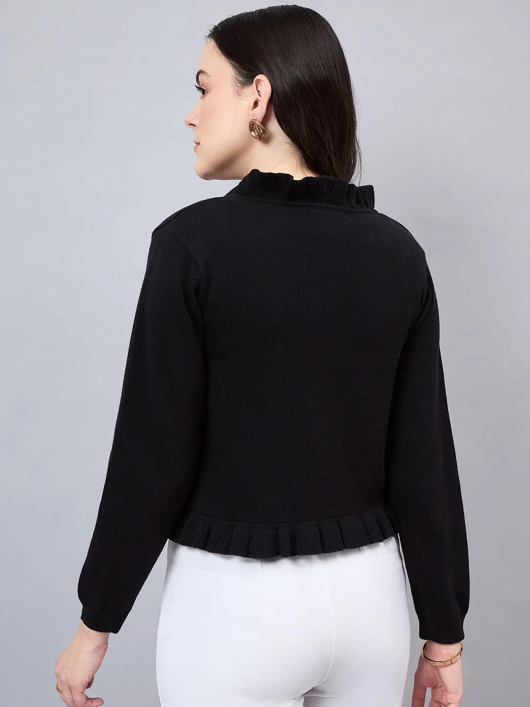 Style Quotient Women Solid  Black Flat Knit Smart Casual Ruffled Shrug