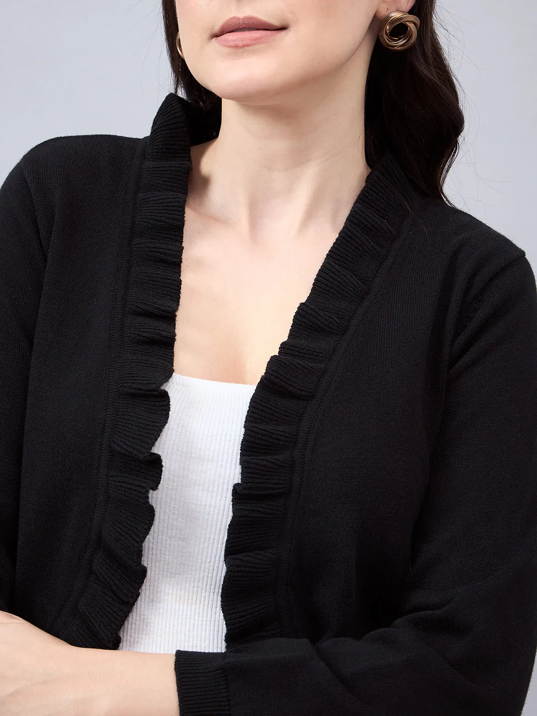 Style Quotient Women Solid  Black Flat Knit Smart Casual Ruffled Shrug