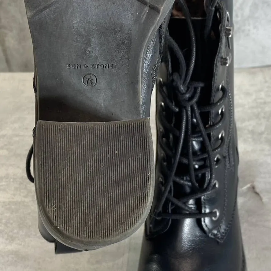 SUN STONE Women's Black Sloanie Block-Heel Lug Sole Side-Zip Hiker Boots SZ 7.5