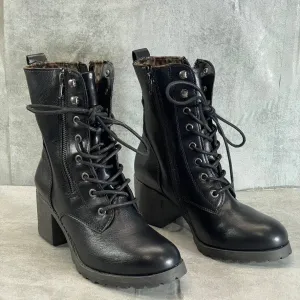 SUN STONE Women's Black Sloanie Block-Heel Lug Sole Side-Zip Hiker Boots SZ 7.5