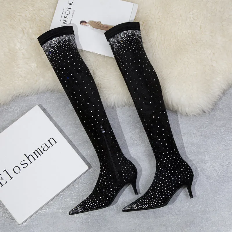 Tillbuy winter sexy suede knee high pointed boots