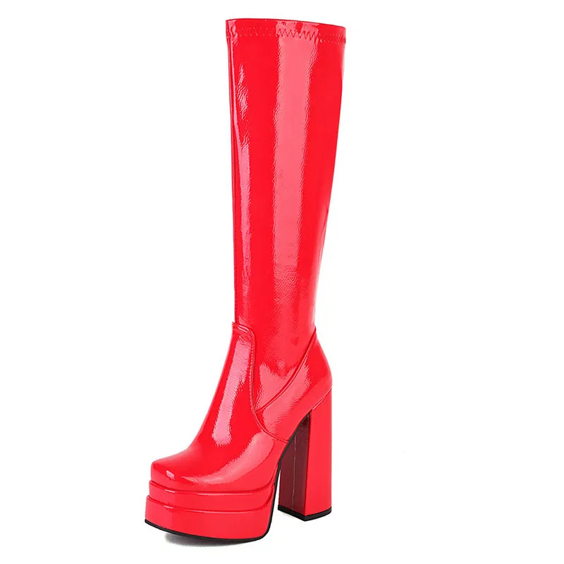 Ultra high heels chunky platform knee high boots for party
