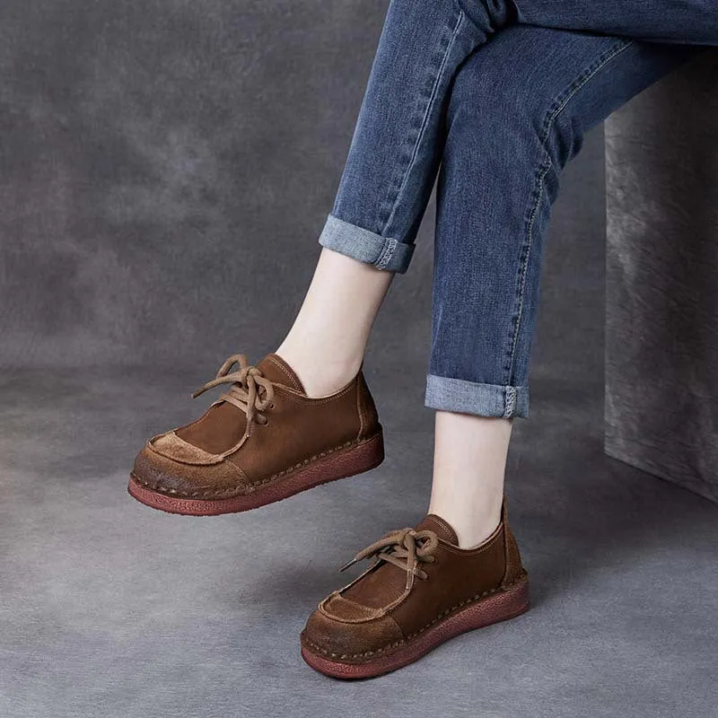 Women's Handcrafted Patchwork Leather Flat Lace-up Casual Comfort Shoes