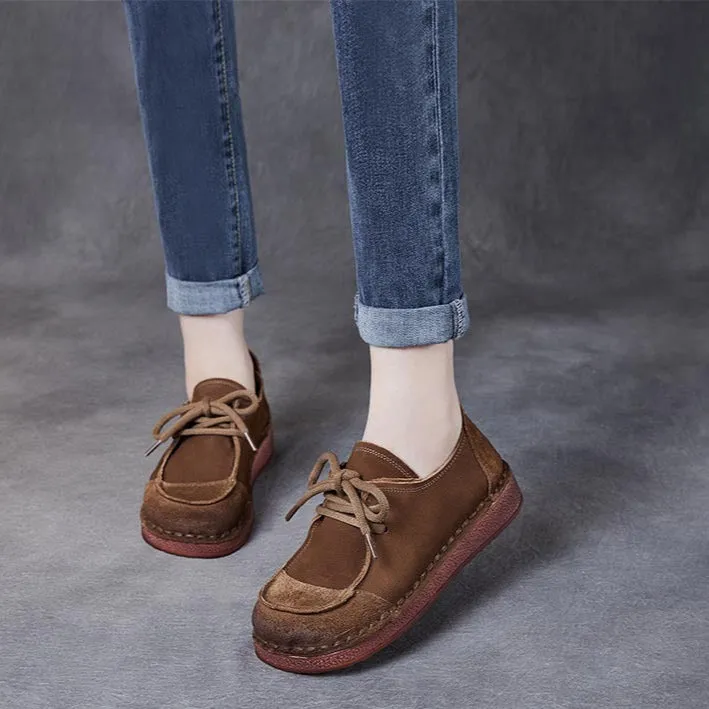 Women's Handcrafted Patchwork Leather Flat Lace-up Casual Comfort Shoes