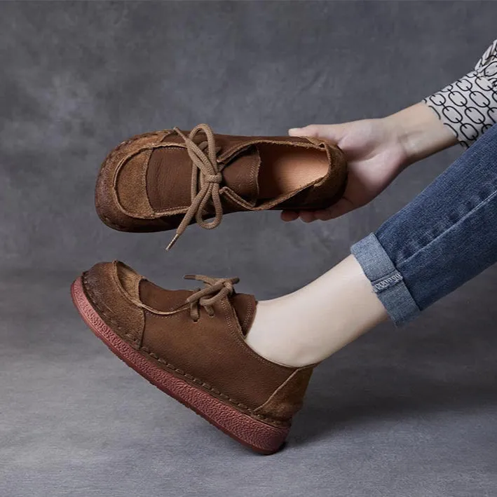Women's Handcrafted Patchwork Leather Flat Lace-up Casual Comfort Shoes