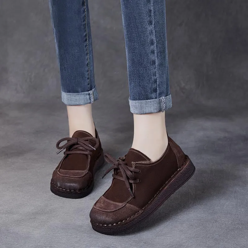 Women's Handcrafted Patchwork Leather Flat Lace-up Casual Comfort Shoes