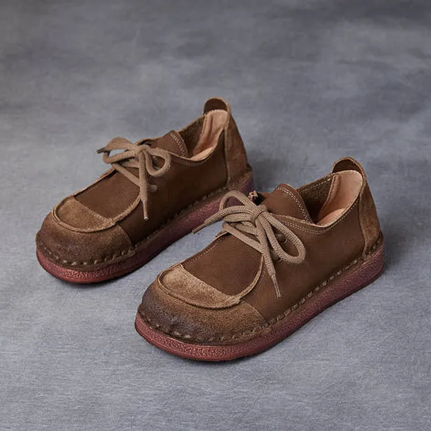 Women's Handcrafted Patchwork Leather Flat Lace-up Casual Comfort Shoes