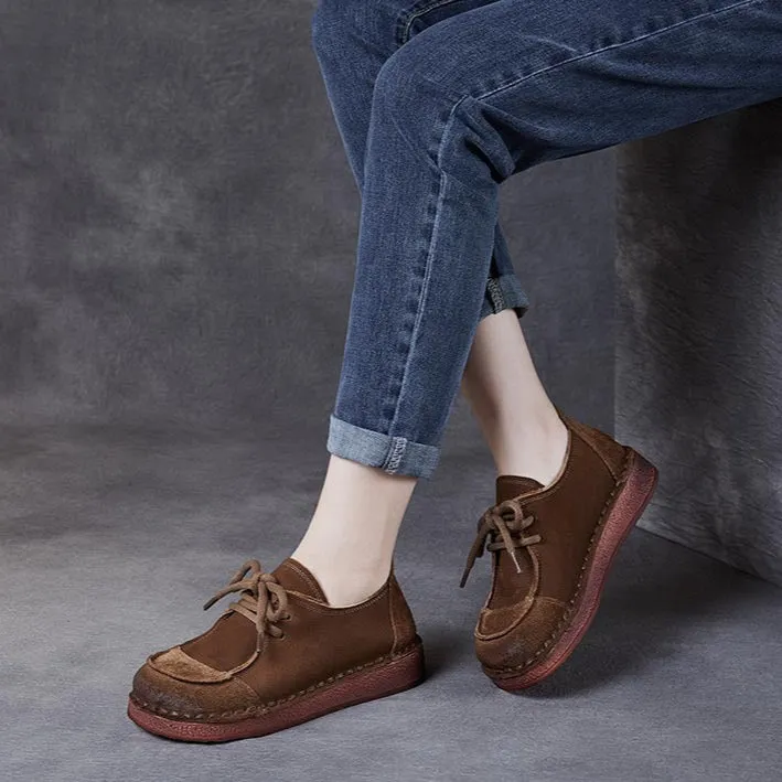 Women's Handcrafted Patchwork Leather Flat Lace-up Casual Comfort Shoes