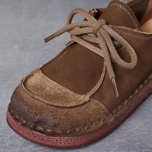 Women's Handcrafted Patchwork Leather Flat Lace-up Casual Comfort Shoes