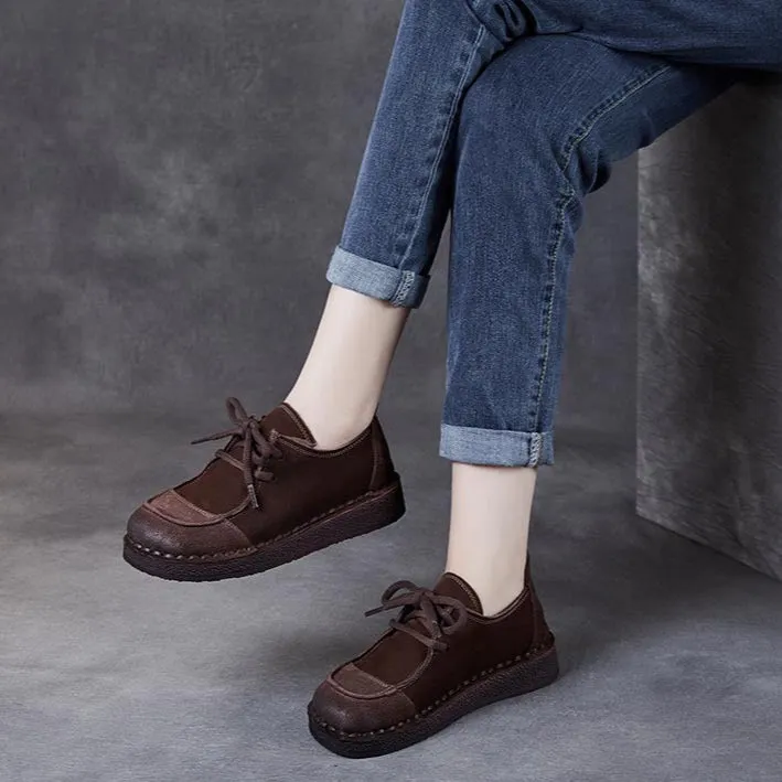 Women's Handcrafted Patchwork Leather Flat Lace-up Casual Comfort Shoes
