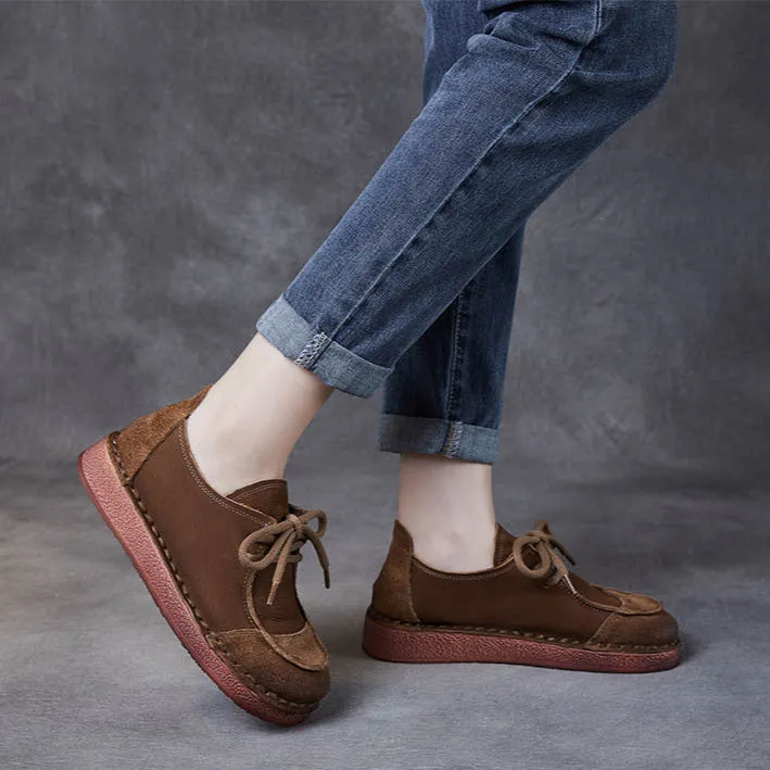 Women's Handcrafted Patchwork Leather Flat Lace-up Casual Comfort Shoes