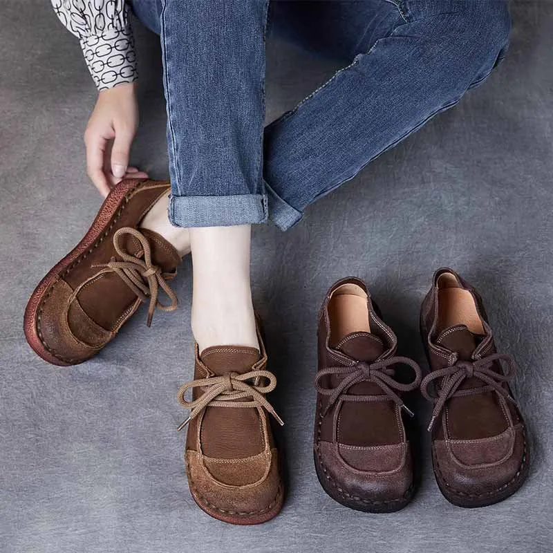 Women's Handcrafted Patchwork Leather Flat Lace-up Casual Comfort Shoes