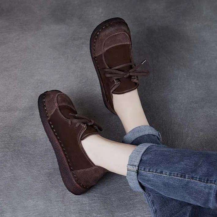 Women's Handcrafted Patchwork Leather Flat Lace-up Casual Comfort Shoes