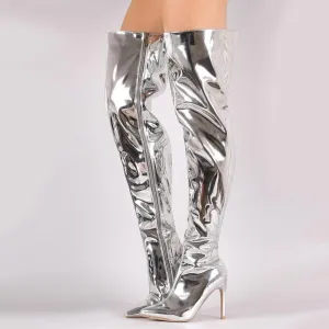 Women's sexy metal mirror thigh high stiletto boots pointed toe party nightclub boots